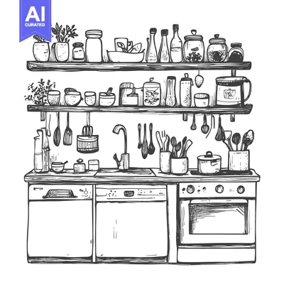 Hand-Drawn Sketch of a Kitchen with Shelves, Sink, and Stove