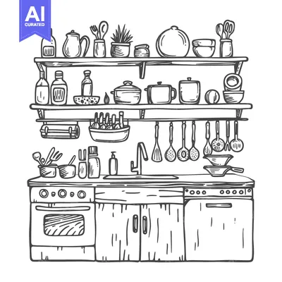 Aset premium populer: Hand-drawn sketch of a kitchen with shelves, sink, and stove