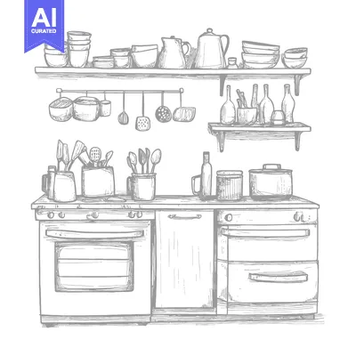 Aset premium populer: Hand-Drawn Sketch of a Kitchen with Stove, Cabinets, and Utensils