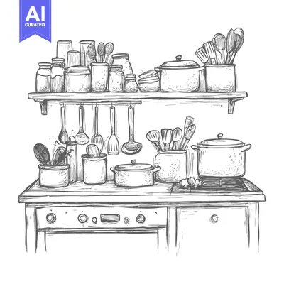 Aset desain premium: Hand-Drawn Sketch of a Kitchen with Utensils, Pots, and a Stove