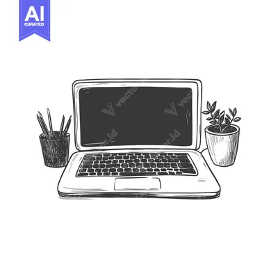Aset desain premium: Hand-Drawn Sketch of a Laptop, Pencils, and a Plant