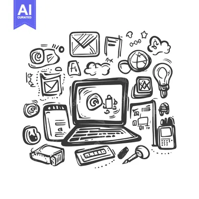 Premium design asset: Hand-Drawn Sketch of a Laptop Surrounded by Technology and Office Supp