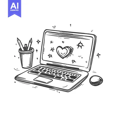 Aset premium populer: Hand-Drawn Sketch of a Laptop with a Heart Icon on the Screen