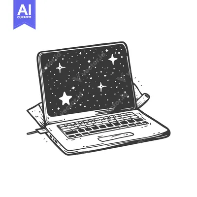 Aset premium populer: Hand-Drawn Sketch of a Laptop with a Night Sky Display