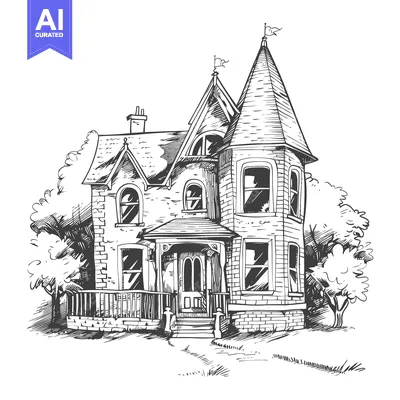 Aset desain premium: Hand-drawn sketch of a large brick Victorian home with a pointed roof