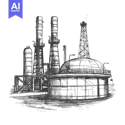 Aset desain premium: Hand-Drawn Sketch of a Large Industrial Facility with Chimneys, Towers