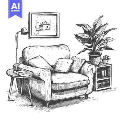 Premium design asset: Hand-drawn sketch of a living room armchair, end table, and houseplant
