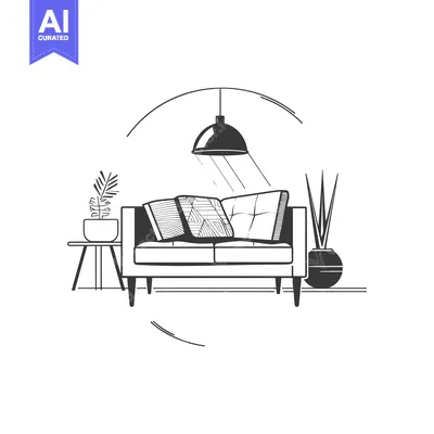 Aset desain premium: Hand-Drawn Sketch of a Living Room Couch with Plants and a Pendant Lig