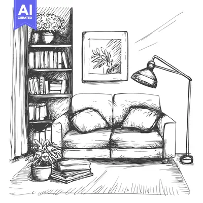 Aset premium populer: Hand-drawn sketch of a living room interior with a couch, bookshelf, l
