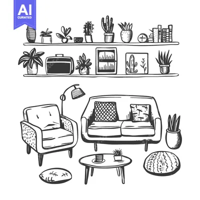 Hand-drawn sketch of a living room interior with furniture, plants, an