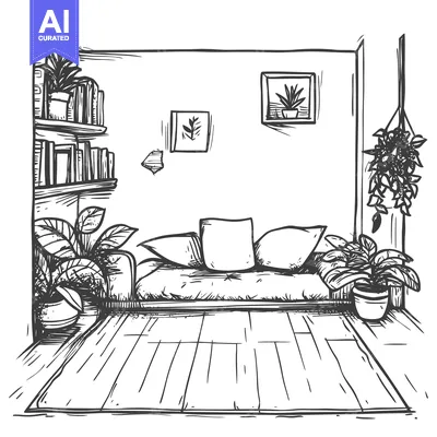 Hand-drawn sketch of a living room with a couch, plants, and bookshelv