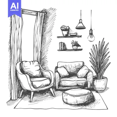 Aset premium populer: Hand-drawn sketch of a living room with armchairs, plants, and lamps