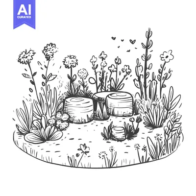 Aset premium populer: Hand-Drawn Sketch of a Lush Garden with Flower Clusters and Tree Stump