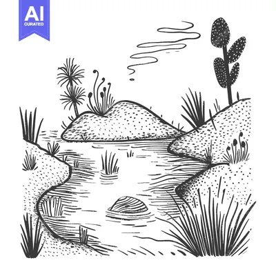 Aset desain premium: Hand-Drawn Sketch of a Lush Landscape with a Winding Creek