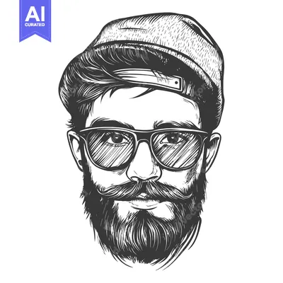 Aset desain premium: Hand-drawn sketch of a man with a beard, glasses, and a cap