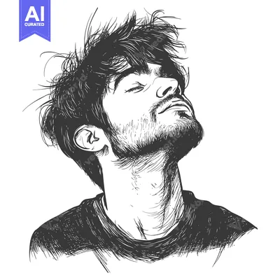 Hand-Drawn Sketch of a Man with Messy Hair Looking Up