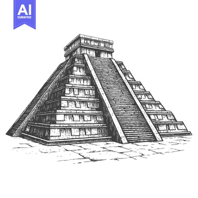 Hand-Drawn Sketch of a Mayan Pyramid with a Staircase