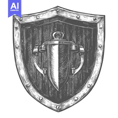 Aset desain premium: Hand-Drawn Sketch of a Medieval Wooden Shield with a Sword Inside
