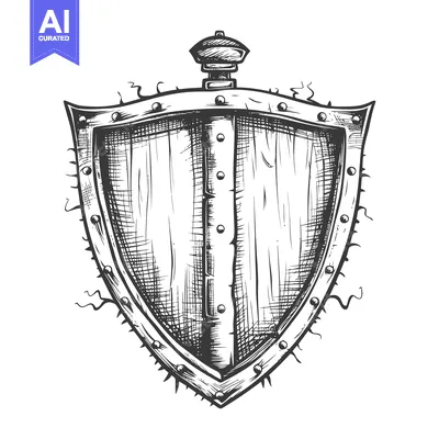 Aset desain premium: Hand-Drawn Sketch of a Medieval Wooden Shield with Metal Trim and Spik