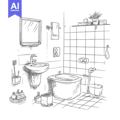 Aset premium populer: Hand-Drawn Sketch of a Modern Bathroom with Toilet, Sink, and Accessor