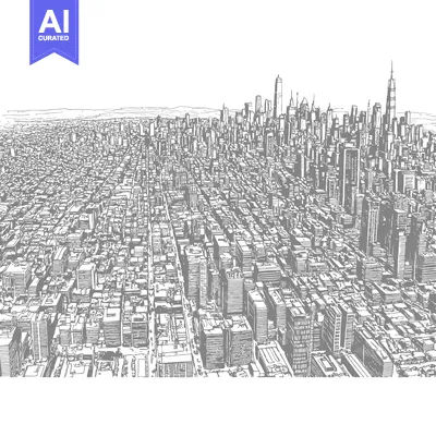 Aset premium populer: Hand-drawn sketch of a modern city skyline with numerous skyscrapers a