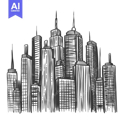 Aset premium populer: Hand-Drawn Sketch of a Modern City Skyline with Tall Buildings