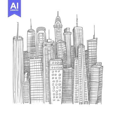 Aset desain premium: Hand-Drawn Sketch of a Modern City Skyline with Tall Buildings