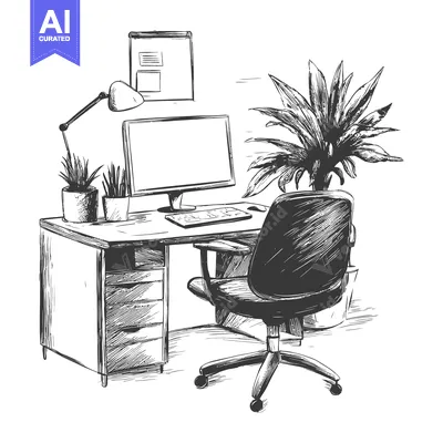 Aset premium populer: Hand-drawn Sketch of a Modern Office Workspace with a Computer, Desk,
