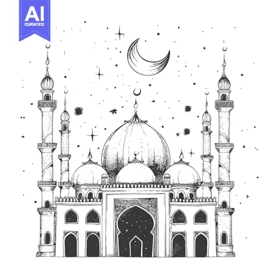 Aset desain premium: Hand-Drawn Sketch of a Mosque Under a Crescent Moon and Stars