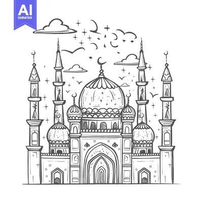 Aset desain premium: Hand-drawn sketch of a mosque with minarets and a crescent moon