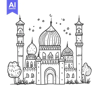 Premium design asset: Hand-drawn sketch of a mosque with minarets and a large dome