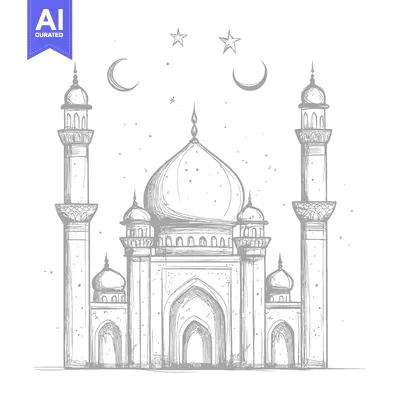 Hand-Drawn Sketch of a Mosque with Minarets and a Starry Sky