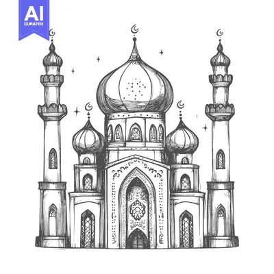 Aset desain premium: Hand-drawn sketch of a mosque with minarets and crescent moons