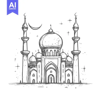 Aset desain premium: Hand-drawn sketch of a mosque with minarets under a crescent moon