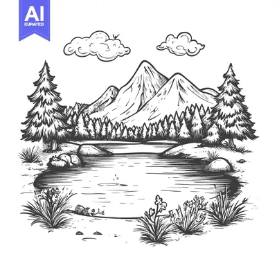 Hand-Drawn Sketch of a Mountain Lake Surrounded by Trees