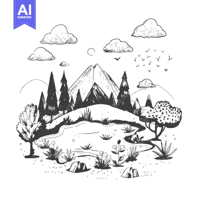 Premium design asset: Hand-Drawn Sketch of a Mountain Landscape with a Pond and Birds in Fli