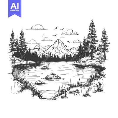 Premium design asset: Hand-drawn Sketch of a Mountainous Landscape with a Lake and Birds in