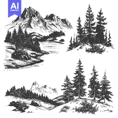Aset desain premium: Hand-drawn Sketch of a Mountainous Landscape with Forests and a River