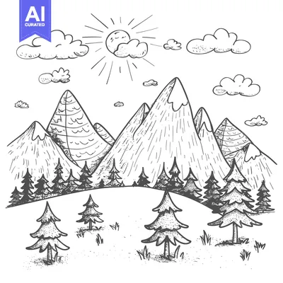 Aset premium populer: Hand-Drawn Sketch of a Mountainous Landscape with Pine Trees and a Sun