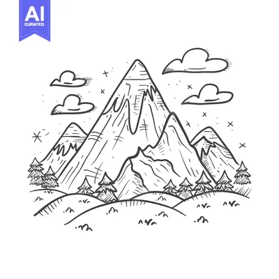 Aset desain premium: Hand-Drawn Sketch of a Mountain Range with Clouds and Trees