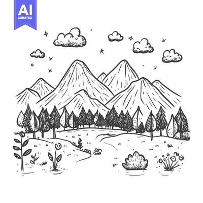 Aset premium populer: Hand-Drawn Sketch of a Mountain Range with Forest and Flowers