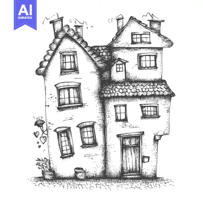 Aset premium populer: Hand-drawn Sketch of a Multi-Story Brick House with Multiple Windows a