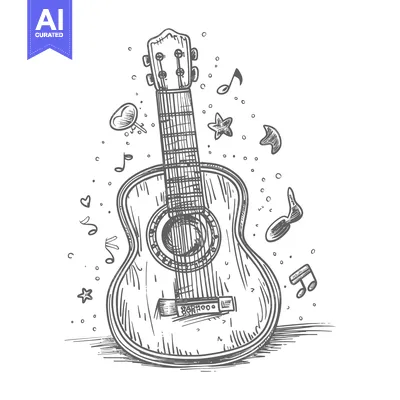 Premium design asset: Hand-Drawn Sketch of an Acoustic Guitar with Musical Notes and Stars S