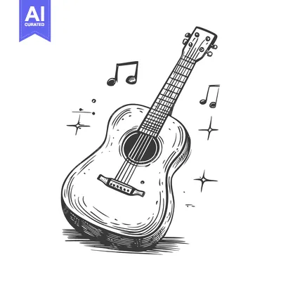 Premium design asset: Hand-Drawn Sketch of an Acoustic Guitar with Music Notes and Stars