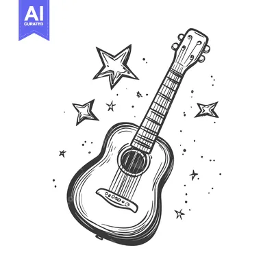 Aset premium populer: Hand-drawn sketch of an acoustic guitar with stars