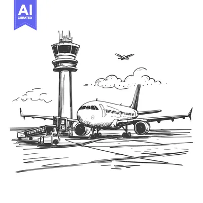 Hand-Drawn Sketch of an Airplane at an Airport with a Control Tower