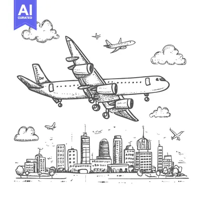 Aset premium populer: Hand-drawn sketch of an airplane flying over a city skyline with cloud