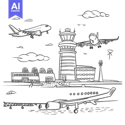 Aset premium populer: Hand-drawn Sketch of an Airport with Airplanes and Control Tower