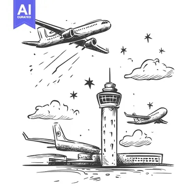 Aset desain premium: Hand-drawn Sketch of an Airport with Planes and Control Tower