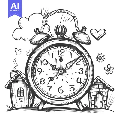 Hand-drawn sketch of an alarm clock with houses and hearts